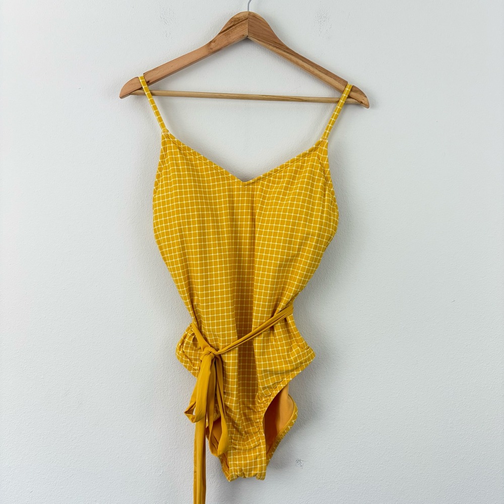 Sea Angel Womens Yellow White‎ Cottage Plaid Tie Waist One Piece Swimsuit Large